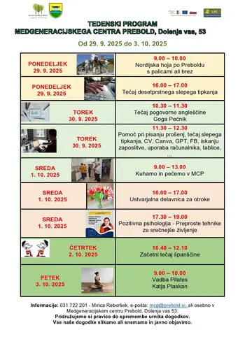 Program Medgeneracijskega centra Prebold, od ponedeljka, 29. 9. 2025 do petka, 3. 10. 2025
