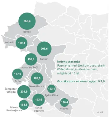 Slika 1: Indeks staranja po občinah goriške zdravstvene regije, 2024 (Vir: SURS).