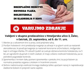Brezplačne meritve holesterola, sladkorja in krvnega tlaka, 25. 9. 2025, od 9. do 11. ure!