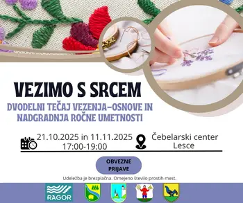Vezimo s srcem  Dvodelni tečaj vezenja-osnove in nadgradnja ročne umetnosti