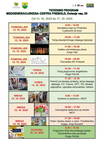 Tedenski program Medgeneracijskega centra Prebold, od 13.10.2025 do 17.10.2025