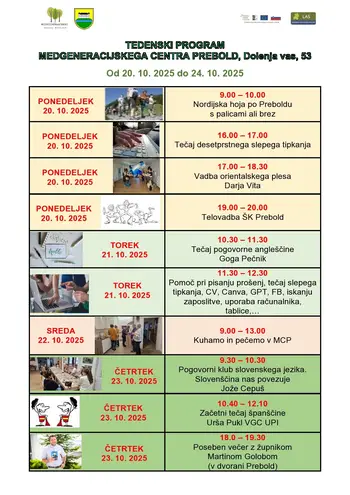 Tedenski program Medgeneracijskega centra Prebold, od ponedeljka, 20. 10. 2025 do petka, 24. 10. 2025