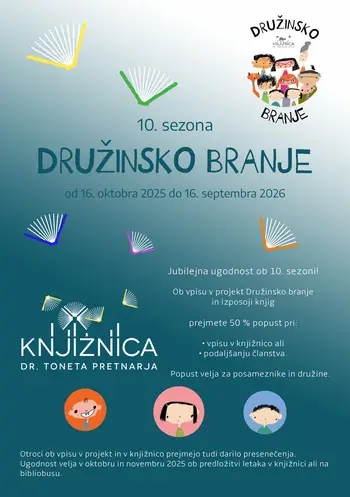 Jubilejna ugodnost ob 10. sezoni projekta Družinsko branje v Knjižnici dr. Toneta Pretnarja! Jubilejna ugodnost ob 10. sezoni projekta Družinsko branje v Knjižnici dr. Toneta Pretnarja!