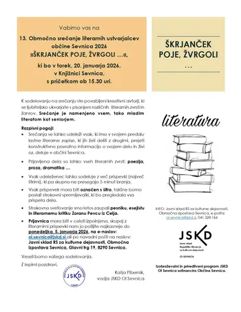 13. Območno srečanje literarnih ustvarjalcev Občine Sevnica 2026 - Škrjanček poje, žvrgoli ...