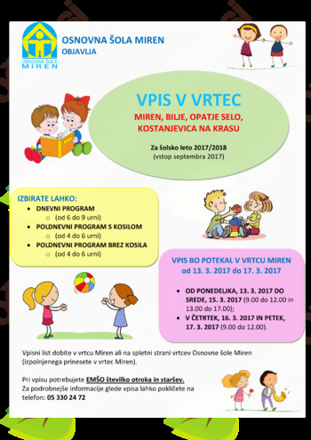 Vpis otrok v vrtce OŠ Miren
