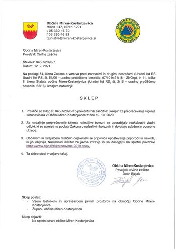 Poveljnik CZ preklical sklep o preventivnih zaščitnih ukrepih za širjenja koronavirusa v Občini Miren-Kostanjevica