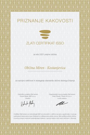 Občina Miren – Kostanjevica prejela zlati certifikat ISSO