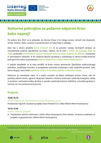 Posvet in participativna delavnica v okviru projekta Karst Firewall 5.0 - Kulturna pokrajina za požarno odporen Kras: kako naprej?