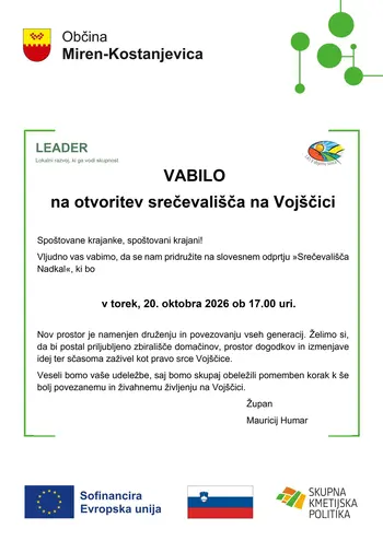 VABILO na otvoritev srečevališča na Vojščici, v torek, 20. oktobra 2026 ob 17.00 uri