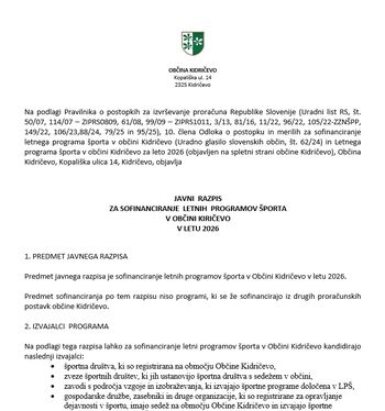 Objavljena je razpisna dokumentacija za sofinanciranje letnih programov športa v občini Kidričevo v letu 2026