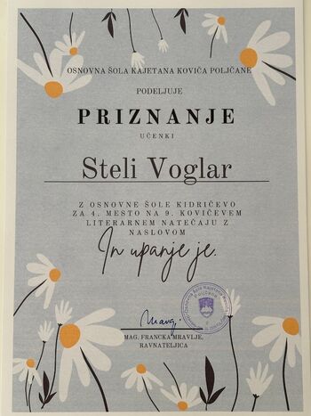 Uspeh učenke OŠ Kidričevo na literarnem natečaju 