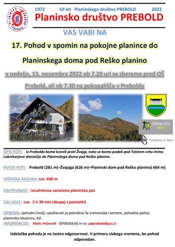 Pohod v spomin na pokojne planince do Planinskega doma pod Reško planino