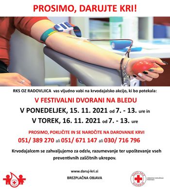 15. in 16. novembra krvodajalska akcija v Festivalni dvorani na Bled