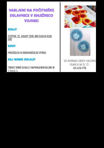 Vabljeni na počitniške delavnice v Knjižnico Vojnik Vabljeni na počitniške delavnice v Knjižnico Vojnik