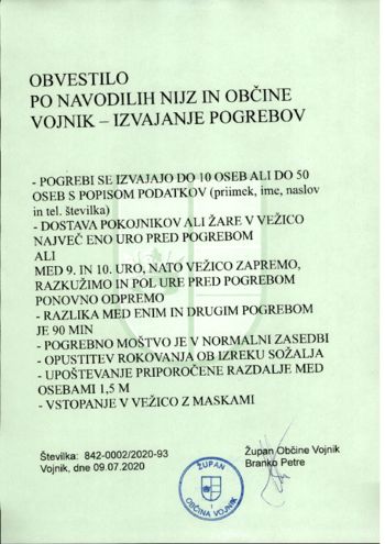 Navodila o izvajanju pogrebov po navodilih NIJZ in Občine Vojnik