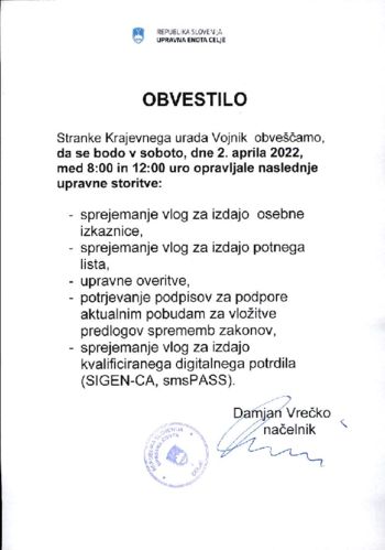 Obvestilo: podaljšane uradne ure KU Vojnik 2. aprila Obvestilo: podaljšane uradne ure KU Vojnik 2. aprila