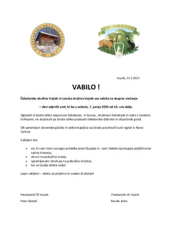 Povabilo na Dan odprtih vrat ČD in LD Vojnik