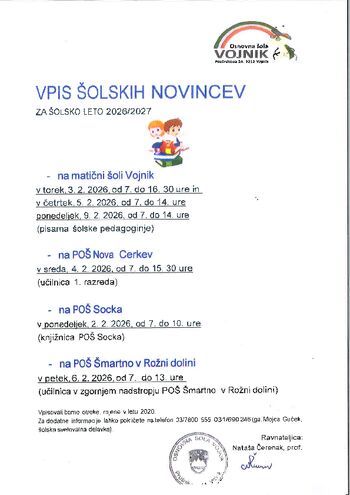 Vpis šolskih novincev za šolsko leto 2026/27