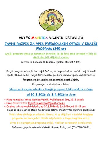 Vrtec Mavrica Vojnik objavlja  javni razpis za vpis predšolskih otrok v krajši program (240 ur)