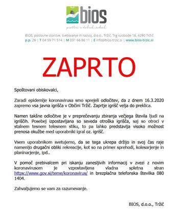 Zaprta vsa javna igrišča v Občini Tržič