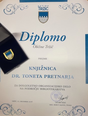 Knjižnica dr. Toneta Pretnarja prejela Diplomo Občine Tržič