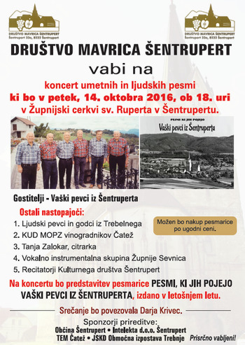 Vaški pevci iz Šentruperta vabijo: Koncert umetnih in ljudskih pesmi 