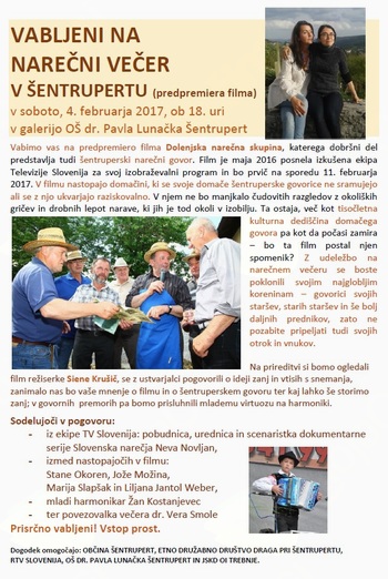 VABLJENI NA NAREČNI VEČER V ŠENTRUPERTU- predpremiera dokumentarnega filma 