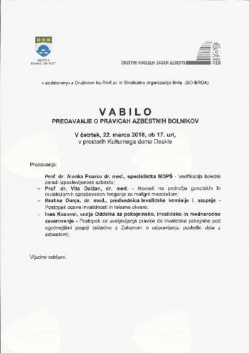 Vabilo na predavanje o pravicah azbestnih bolnikov