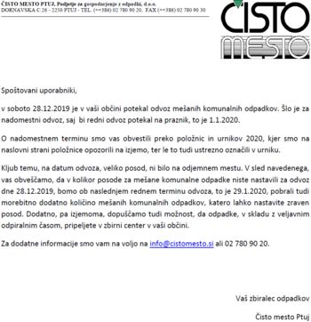 Obvestilo podjetja Čisto mesto o odvozu mešanih komunalnih odpadkov v januarju 2020.