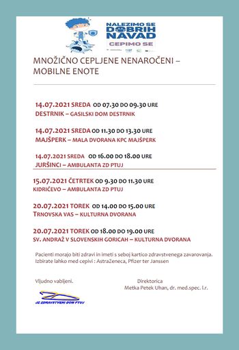 Množično cepljenje - nenaročeni izven Ptuja od 14.7.-20.7.2021 - mobilna enota