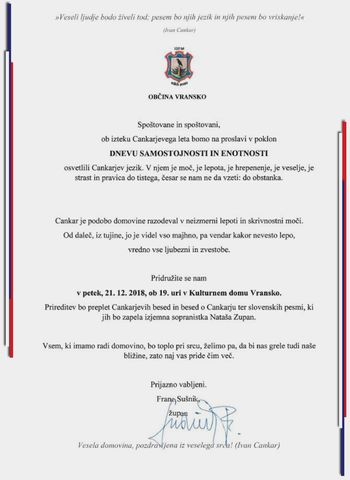 VABILO NA PROSLAVO OB DNEVU SAMOSTOJNOSTI IN ENOTNOSTI