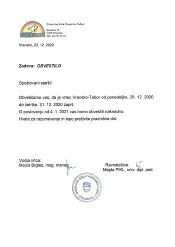 OBVESTILO VRTCA VRANSKO