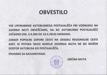 OBVESTILO - ZAČASNO ZAPRTJE AVTOBUSNEGA POSTAJALIŠČA