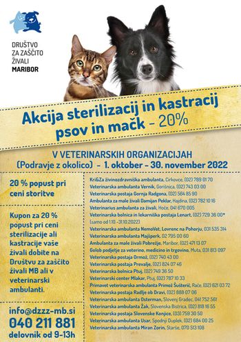 Akcija sterilizacij in kastracij psov in mačk - 20 %