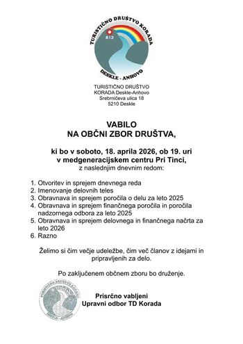 Občni zbor Turističnega društva Korada Deskle - Anhovo - sprememba ure začetka občnega zbora