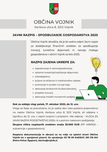 Obvestilo o odprtem Javnem razpisu za dodeljevanje finančnih sredstev za spodbujanje inovacij, turistične dejavnosti in razvoja malega gospodarstva v občini Vojnik za leto 2025