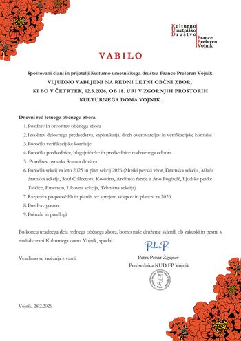REDNI LETNI OBČNI ZBOR KULTURNO-UMETNIŠKEGA DRUŠTVA FRANCE PREŠEREN VOJNIK