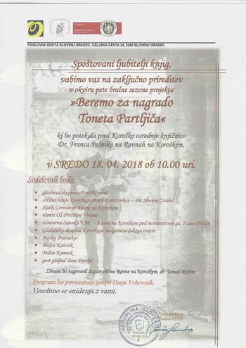 Zaključna prireditev - Beremo za nagrado Toneta Partljiča