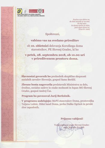 Vabilo na praznovanje 10. obletnice doma PE Slovenj Gradec