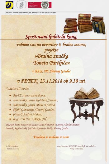 VABILO na otvoritev 6. bralne sezone - BRALNA ZNAČKA TONETA PARTLJIČA