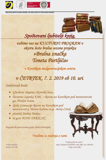 VABILO NA KULTURNI PROGRAM "Bralna značka Toneta Partljiča"