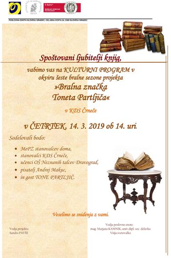 VABILO NA KULTURNI PROGRAM  - BRALNA ZNAČKA TONETA PARTLJIČA