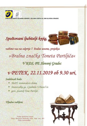 VABILO NA BRALNO SEZONO - BRALNA ZNAČKA TONETA PARTLJIČA