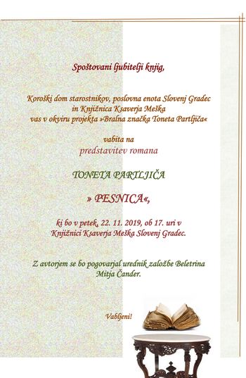 VABILO NA PREDSTAVITEV ROMANA TONETA PARTLJIČA