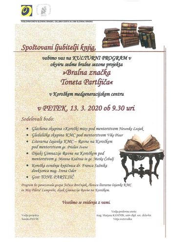 VABILO NA KULTURNI PROGRAM V OKVIRU BRALNE SEZONE