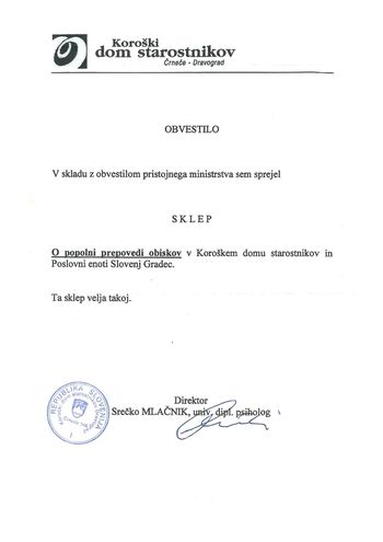 OBVESTILO - prepoved obiskov v domovih za starejše OBVESTILO - prepoved obiskov v domovih za starejše