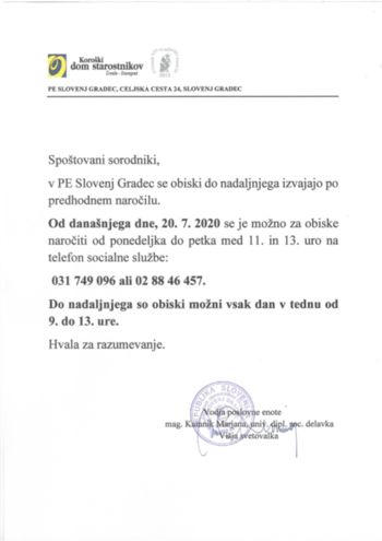 OBVESTILO ZA SORODNIKE IN OBISKOVALCE