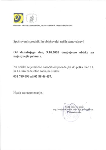 OBVESTILO ZA OBISKE V KDS POSLOVNI ENOTI SLOVENJ GRADEC