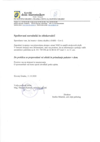 OBVESTILO ZA SORODNIKE IN OBISKOVALCE