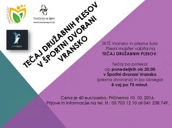 PLESNI TEČAJ DRUŽABNIH PLESOV V ŠPORTNI DVORANI VRANSKO, OKTOBER 2016